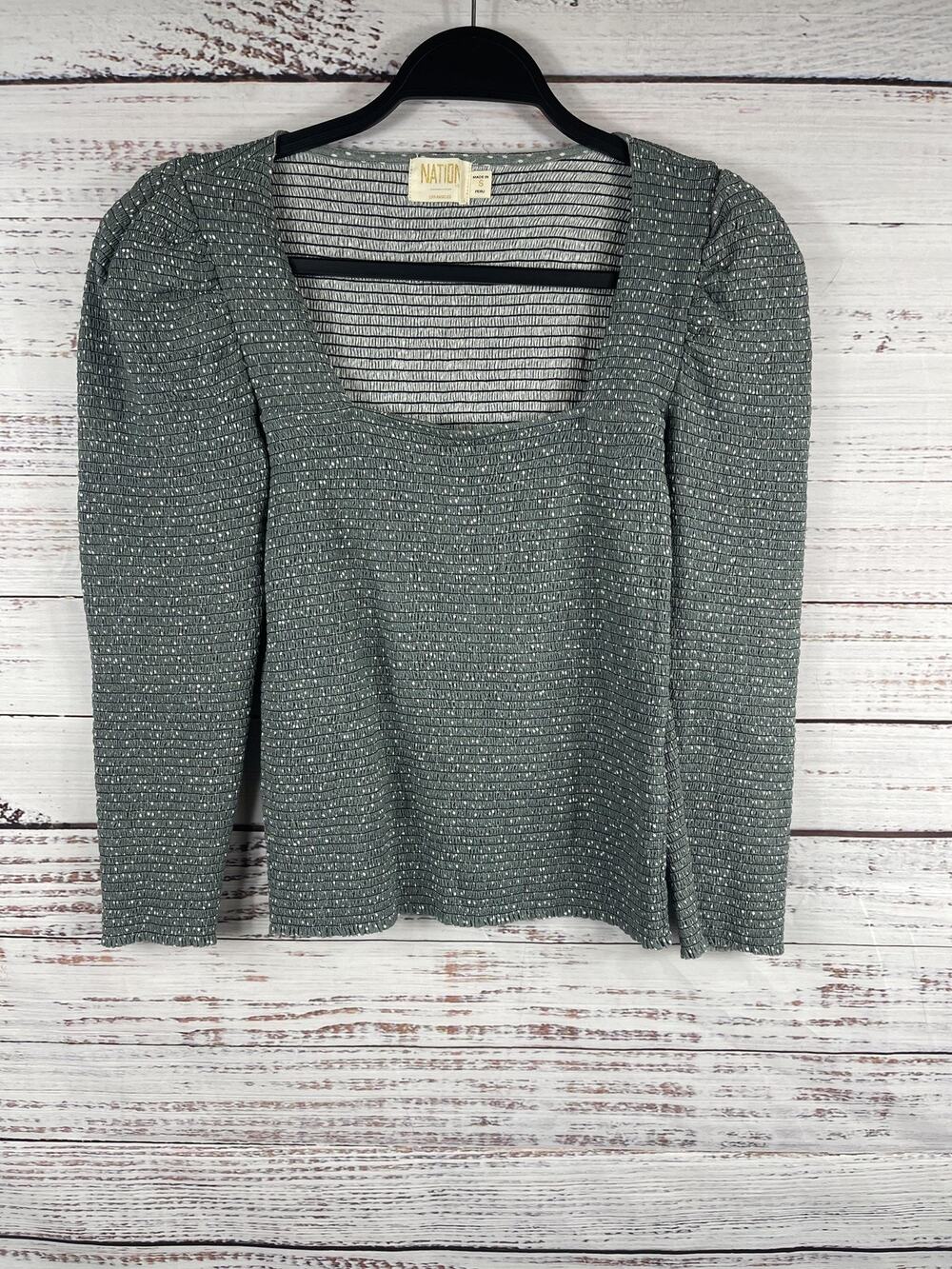 Nation LTD Shirt Women's Small Green Pima Cotton Smocked Square Neck Long Sleeve